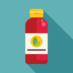 Poster - Red plastic bottle containing natural product with green leaf logo standing on blue background