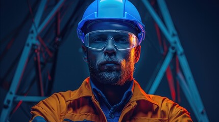 Wall Mural - Man worker wearing PPE Blue Helmet, Blue solid glow dark background. Generative AI.