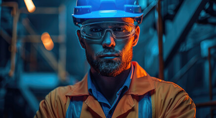 Aufkleber - Man worker wearing PPE Blue Helmet, Blue solid glow dark background. Generative AI.
