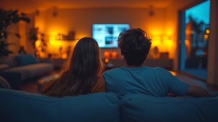 Wall Mural - Cozy evening at home as a couple enjoys movies together on a large screen, illuminated by warm lighting and a relaxed atmosphere