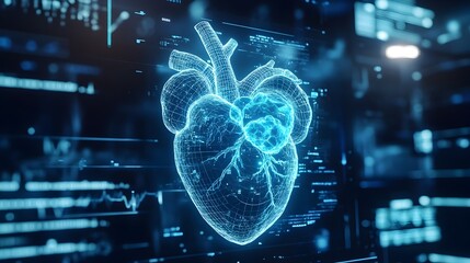 Poster - A futuristic hologram visualization showcasing the of advanced wearable technology in the management and monitoring of heart disease  The digital display highlights the seamless of sensors