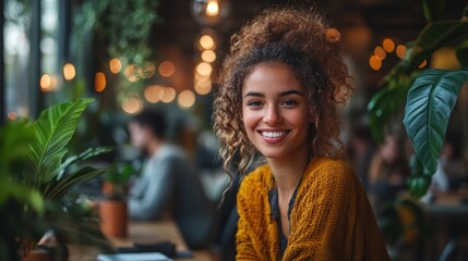 Canvas Print - Smiling Woman in a Cafe