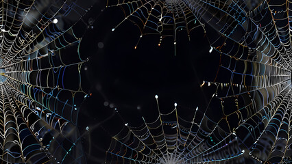 abstract background of an intricate spider web with delicate, shimmering silver threads against a dark, misty backdrop