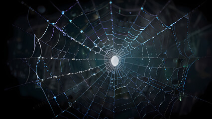 abstract background of an intricate spider web with delicate, shimmering silver threads against a dark, misty backdrop
