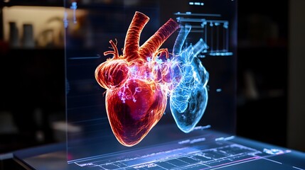 Poster - futuristic holographic display showcasing virtual model of innovative heart failure treatment techni