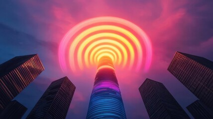 5G network tower, emitting colorful waves, modern urban setting, 3D illustration