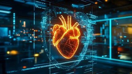 Poster - Holographic simulation showcasing the intricate process of heart rhythm management and pacemaker device implantation