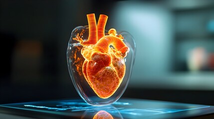Poster - Holographic 3D visualization of the human heart displaying cutting edge treatment options for various cardiac conditions and diseases  This futuristic medical technology offers a detailed
