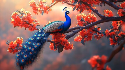 Canvas Print - Peacock Perched on a Branch of Red Blossoms