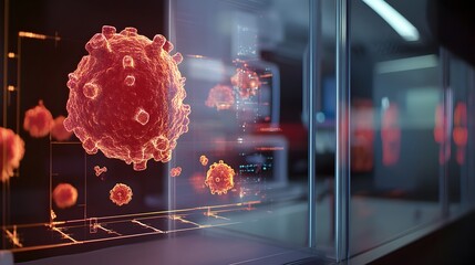 Poster - a holographic 3d model displaying cancer cells and various treatment methods showcasing the advancem