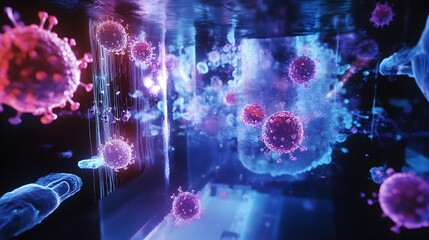 Poster - holographic 3d model displaying detailed visualization of cancer cells and various treatment methods