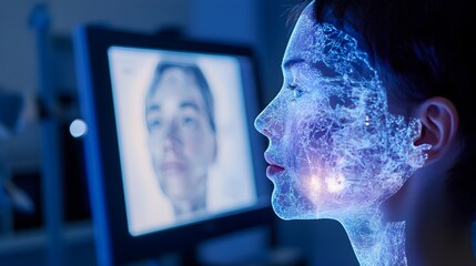 Poster - Holographic 3D model displaying detailed facial anatomy for surgical simulations medical education and healthcare training purposes