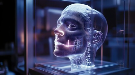 Poster - Holographic 3D Model of Facial Features for Surgical Simulations  digital rendering of a hologram displaying a three dimensional model of human facial anatomy used for medical training and surgical
