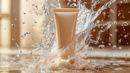 Close up of the moisturizing cream tube, with splashing water around it, arranged in a fresh and natural scene. The soft light brown color highlights the high-quality design of skincare products