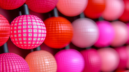 Aufkleber - Vibrant arrangement of textured spheres in shades of red and pink against a bright background in a creative art installation