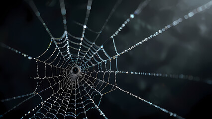 abstract background of an intricate spider web with delicate, shimmering silver threads against a dark, misty backdrop