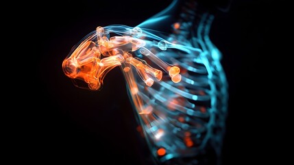 Poster - Holographic projection showcasing an interactive 3D model of a prosthetic shoulder joint highlighting the intricate articulation and design details for medical engineering or research applications
