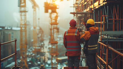 Aufkleber - Two construction workers standing in a crane basket, The background is filled with cranes, scaffolding, and construction equipment. teamwork, safety, and the industrial environment. Generative AI.