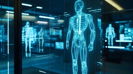Poster - Holographic digital simulation showcasing the innovative design and functionality of a futuristic wearable prosthetic exoskeleton system for medical and technological advancement
