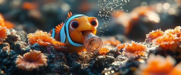 Wall Mural - A colorful clownfish interacts with a bottle amidst vibrant coral.