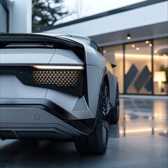 Poster - Close up of the rear diffuser of the electric SUV features a streamlined and futuristic design, that integrate in its design a triangular pattern. Generative AI.