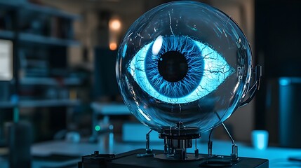 Poster - Holographic display showcasing the virtual prototype of a prosthetic eye with advanced vision enhancing features offering a glimpse into the future of medical technology and human computer