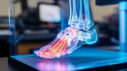 Poster - Holographic visualization of an innovative prosthetic foot with real time adjustments showcasing the latest advancements in medical technology and assistive devices for enhanced mobility and of life