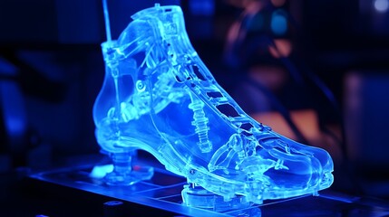 Poster - A holographic visualization showcasing an innovative prosthetic foot design with real time adjustments and dynamic capabilities offering enhanced mobility and personalized support for users