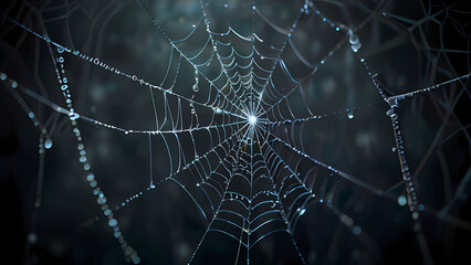 abstract background of an intricate spider web with delicate, shimmering silver threads against a dark, misty backdrop