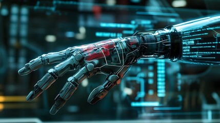 Poster - A holographic display showcasing the detailed mechanics and innovative design of a futuristic prosthetic arm