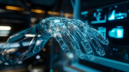 Poster - Futuristic hologram display showcasing an advanced prosthetic arm with detailed mechanical components and innovative design