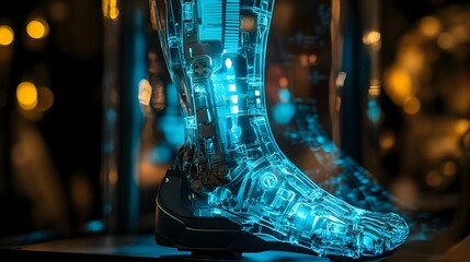 Poster - Futuristic digital representation of a high tech prosthetic leg showcased in a holographic display  This innovative medical technology concept features a sleek