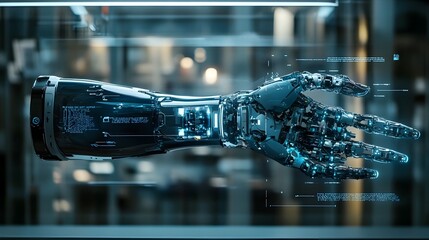 Poster - Holographic showcase of a futuristic prosthetic arm with intricate robotic mechanics and advanced bionic technology displayed in a digital high tech interface