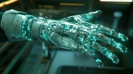 Poster - Holographic display showcasing the intricate mechanics and advanced technology of a futuristic prosthetic arm