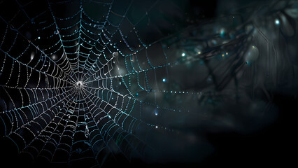 abstract background of an intricate spider web with delicate, shimmering silver threads against a dark, misty backdrop