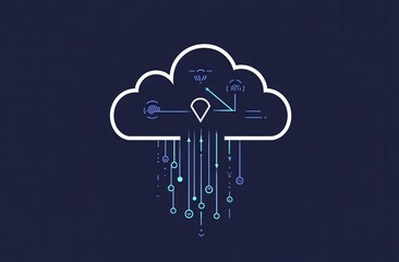 Poster - Cloud computing icon with arrows symbolizing data transfer and digital technology connections in a modern, abstract illustration on a dark background.