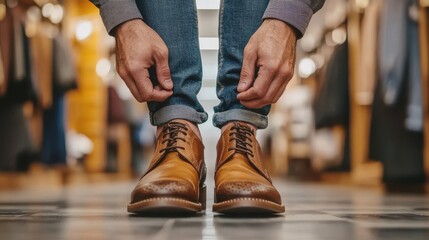 Close-up of man lacing brown leather brogues in a shoe shop, fashion concept