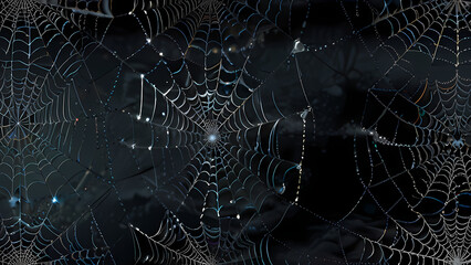 abstract background of an intricate spider web with delicate, shimmering silver threads against a dark, misty backdrop