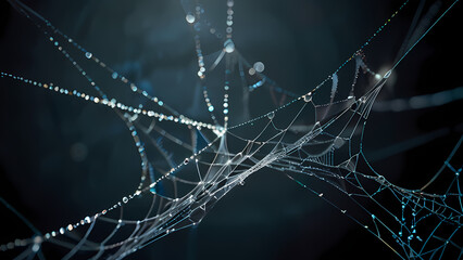 abstract background of an intricate spider web with delicate, shimmering silver threads against a dark, misty backdrop
