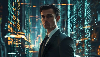 Futuristic cityscape with digital binary code overlay featuring man in suit