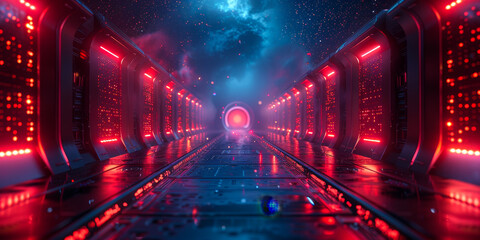 Poster - High-Performance Sci-Fi Data Center Corridor Aglow with Red Lights Under a Starry Sky at Night