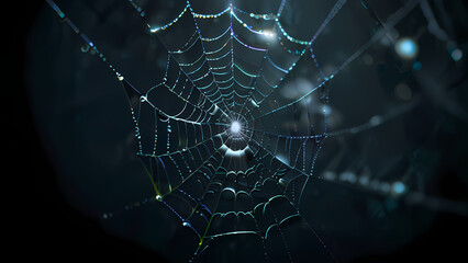abstract background of an intricate spider web with delicate, shimmering silver threads against a dark, misty backdrop