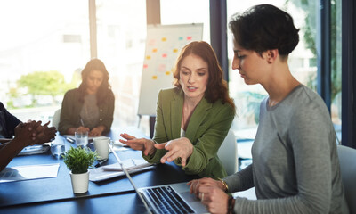 Wall Mural - Boardroom, mentor and business people with laptop for discussion, research and access to company page. Office, web designer and manager in creative agency with digital for startup, progress or review