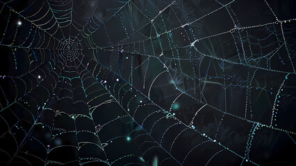 abstract background of an intricate spider web with delicate, shimmering silver threads against a dark, misty backdrop