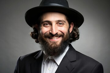 The man's warm smile and gleaming eyes engage with the camera, his Orthodox Jewish attire a testament to