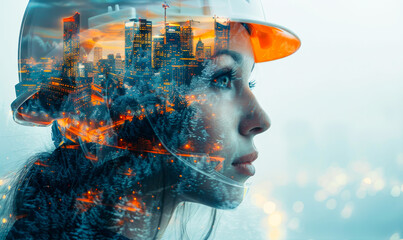 Poster - double exposure portrait woman engineer hardhat construction site cityscape technology innovation fu