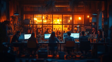 Poster - evening collaboration in a creative workspace with warm lighting and focused individuals engaged in 
