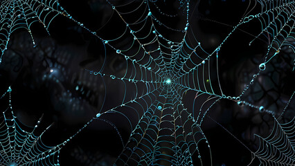 abstract background of an intricate spider web with delicate, shimmering silver threads against a dark, misty backdrop