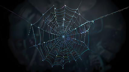 abstract background of an intricate spider web with delicate, shimmering silver threads against a dark, misty backdrop