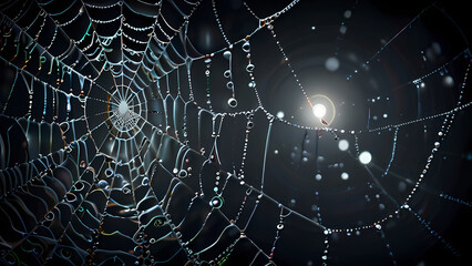 abstract background of an intricate spider web with delicate, shimmering silver threads against a dark, misty backdrop